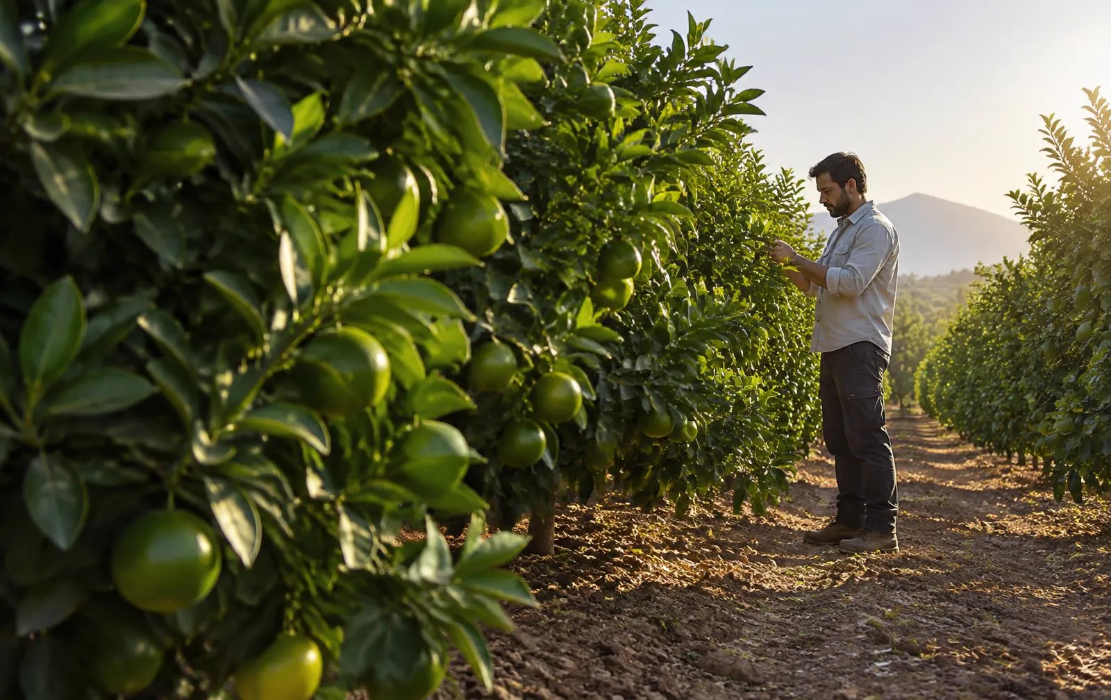 Técnico agrónomo examinando el estado de las hojas y el fruto en una plantación de cítricos